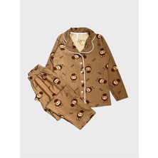 Aliş Kids Kız Çocuk Pamuklu Süet Kumaş Kahverengi Labubu Desenli Uzun Kollu Gömlek Yaka Düğmeli Pijama Takımı