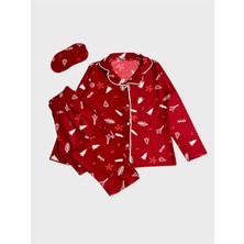 Aliş Kids Kız Çocuk Pamuklu Süet Kumaş Kırmızı Çam Ağacı Yılbaşı Desen Gömlek Yaka Düğmeli Pijama Takımı