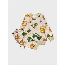 Aliş Kids Erkek Çocuk Pamuklu Şardonlu Bej Rengi Safari Desenli Uzun Kollu Kışlık Pijama Takımı