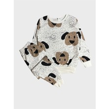 Tusem Butik Homewear Erkek Çocuk Pamuklu Şardonlu Beyaz Kahve Sevimli Köpek Desenli Uzun Kollu Pijama Takımı