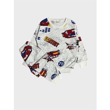 Aliş Kids Erkek Çocuk Pamuklu Şardonlu Beyaz Araba Desenli Uzun Kollu Kışlık Pijama Takımı