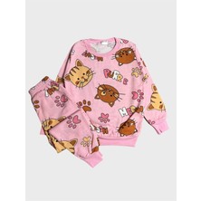 Aliş Kids Kız Çocuk Pamuklu Şardonlu Pembe Kedi Desenli Uzun Kollu Kışlık Pijama Takımı