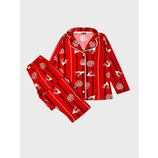 Aliş Kids Anne Kız Çocuk Pamuklu Süet Kumaş Kırmızı Geyik Kar Tanesi Desenli Gömlek Yaka Düğmeli Pijama Takımı