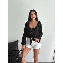 Rawea Fashion Keten Uzun Kol Bağacık Detaylı Bluz - Siyah