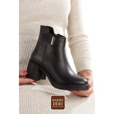 Modabuymus Siyah Hakiki Deri Kalın Topuklu Günlük Kadın Bot SUN44