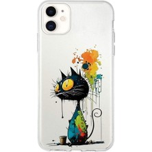PrintiFy iPhone 11 ile Uyumlu Splash Kedi Tasarımlı Slimfit Şeffaf Silikon Kılıf