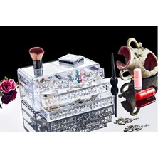 Mena Rise Deconox Diamond Serisi 4 Çekmeceli Şeffaf Makyaj ve Takı Organizeri, Kristal Desenli, Çok Fonksiyonlu