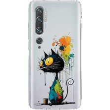 PrintiFy Xiaomi Mi Note 10 Pro ile Uyumlu Splash Kedi Tasarımlı Şeffaf Silikon Kılıf