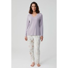 Catherine's Yumuşak Dokulu V Yaka Uzun Kol Kadın Pijama Takım 2805