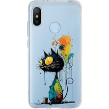 PrintiFy Xiaomi Mi A2 Lite ile Uyumlu Splash Kedi Tasarımlı Slimfit Şeffaf Silikon Kılıf