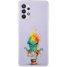 PrintiFy Samsung Galaxy A32 ile Uyumlu Splash Ahtapot Tasarımlı Slimfit Şeffaf Silikon Kılıf
