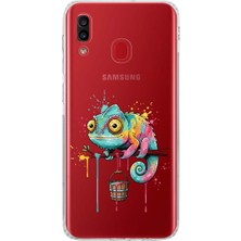 PrintiFy Samsung Galaxy A20 ile Uyumlu Splash Bukalemun Tasarımlı Şeffaf Silikon Kılıf