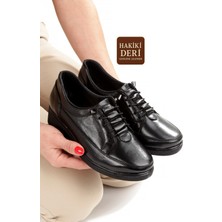 Modabuymus Siyah Hakiki Deri Anatomik Lastik Bağcıklı Günlük Hafif Kadın Ayakkabı Maan