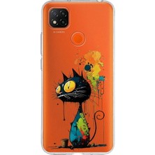 PrintiFy Redmi 9c ile Uyumlu Splash Kedi Tasarımlı Slimfit Şeffaf Silikon Kılıf