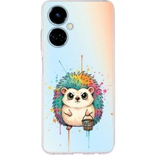 PrintiFy Tecno Camon 19 ile Uyumlu Splash Kirpi Tasarımlı Şeffaf Silikon Kılıf
