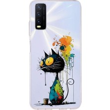 PrintiFy Vivo Y12S ile Uyumlu Splash Kedi Tasarımlı Şeffaf Silikon Kılıf