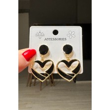 H&E Design Kadın Siyah Sallantılı Mineli Premium Kalp Küpe