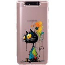 PrintiFy Samsung Galaxy A90 ile Uyumlu Splash Kedi Tasarımlı Şeffaf Silikon Kılıf