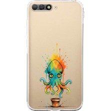 PrintiFy Huawei Y6 2018 ile Uyumlu Splash Ahtapot Tasarımlı Şeffaf Silikon Kılıf