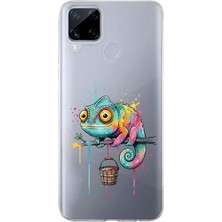 PrintiFy Realme C15 ile Uyumlu Splash Bukalemun Tasarımlı Slimfit Şeffaf Silikon Kılıf