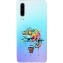 PrintiFy Huawei P30 ile Uyumlu Splash Bukalemun Tasarımlı Şeffaf Silikon Kılıf