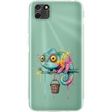 PrintiFy Huawei Y5P ile Uyumlu Splash Bukalemun Tasarımlı Şeffaf Silikon Kılıf