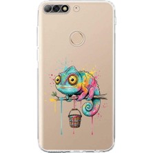 PrintiFy Huawei Y7 2018 ile Uyumlu Splash Bukalemun Tasarımlı Şeffaf Silikon Kılıf
