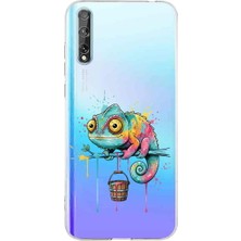 PrintiFy Huawei Y8P ile Uyumlu Splash Bukalemun Tasarımlı Şeffaf Silikon Kılıf