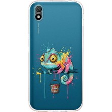 PrintiFy Huawei Y5 2019 ile Uyumlu Splash Bukalemun Tasarımlı Şeffaf Silikon Kılıf