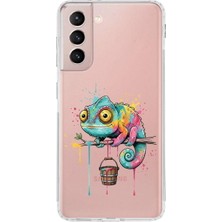 PrintiFy Samsung Galaxy S21 ile Uyumlu Splash Bukalemun Tasarımlı Şeffaf Silikon Kılıf