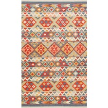 Kalesta Halı Ürgüp 02 Aqua %100 Pamuk ile Üretilen Etnik Desenlere Sahip Yıkanabilir Çift Taraflı Ince Yıkanabilir Kilim