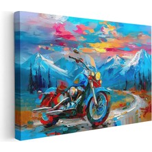 Artarilion Yatay Kanvas Tablo Dag Manzarasi ve Motorsiklet Modern Duvar Tablosu Kanvas Salon Ofis Tablosu