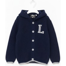 Imoop Design Kids Lacivert Nakışlı Düğme Kapamalı Kapüşonlu Triko Hırka Kazak