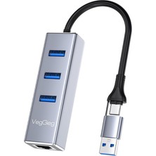 Mena Rise USB ve Type-C Gigabit Ethernet Adaptörü 3 Port USB 3.0 Çoklayıcı Hub