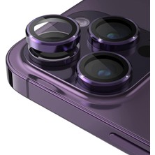 Mena Rise 15 Pro - 15 Pro Max / 14PRO - 14PROMAX Modellerinin Tümüne Uyumlu Alüminyum Alaşım Çerçeveli ve 9h Sertliğinde Temperli Camlı Lens Koruyucu (Mor)
