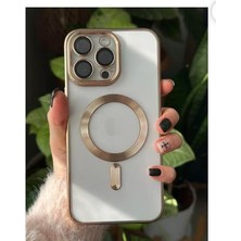 Mena Rise Tia Aks iphone 14 Pro Için Kablosuz Şarj ile Uyumlu, Kamera Lens Korumalı Lazer Kılıf Gold
