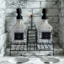 Mena Rise 2'li Cam Dispenser Seti – Metal Taşıyıcılı Sıvı Sabun & Deterjan Pompa Şişeleri, Endüstriyel Mutfak & Organizer