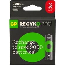Mena Rise Gp Batteries Recyko Pro Aa Kalem Ni-Mh Şarjlı Pil, 1.2 Volt, 6'lı Kart
