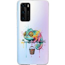 PrintiFy Huawei P40 ile Uyumlu Splash Bukalemun Tasarımlı Şeffaf Silikon Kılıf