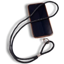 Mena Rise Aksesuar Siyah Taşlı Janjanlı Tam Tur Telefon Boyun Askısı Siyah ile Uyumlu