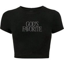 Bozz Collection Kadın God's Favorite Kristal Taş Baskılı Crop T-Shirt