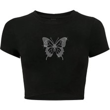 Bozz Collection Kadın Kelebek Kristal Taş Baskılı Crop T-Shirt Beyaz