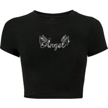 Bozz Collection Kadın Kristal Taş Baskılı Angel Crop T-Shirt