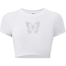 Bozz Collection Kadın Kelebek Kristal Taş Baskılı Crop T-Shirt Beyaz