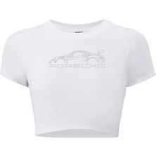 Bozz Collection Kadın Kristal Taş Baskılı Porsche Crop T-Shirt