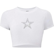 Bozz Collection Kadın Star Kristal Taş Baskılı Crop T-Shirt