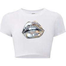 Bozz Collection Kadın Silver Lip Gümüş Dudak Crop T-Shirt