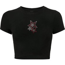 Bozz Collection Kadın Renkli Yıldız Kristal Taş Baskılı Crop T-Shirt