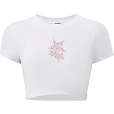 Bozz Collection Kadın Renkli Yıldız Kristal Taş Baskılı Crop T-Shirt