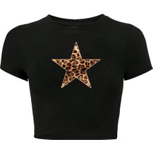 Bozz Collection Kadın Ciao Leopar Yıldız Desenli Crop T-Shirt